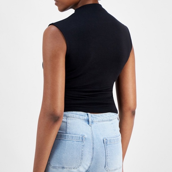 Black Sleeveless Ruched Funnel Neck Women's Top - Picture 3 of 3